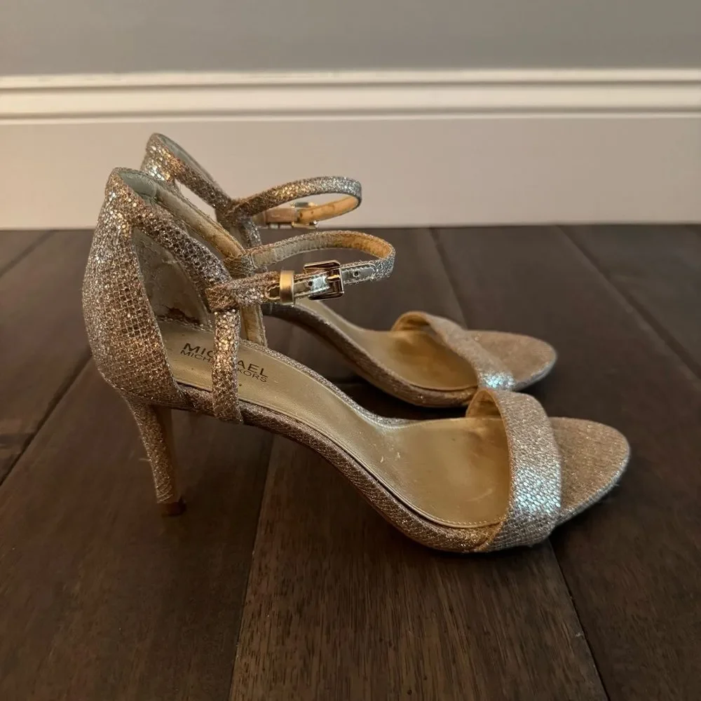 MICHAEL Michael Kors Gold Sparkly Strappy Heels Holiday Party New Years Eve 6.5